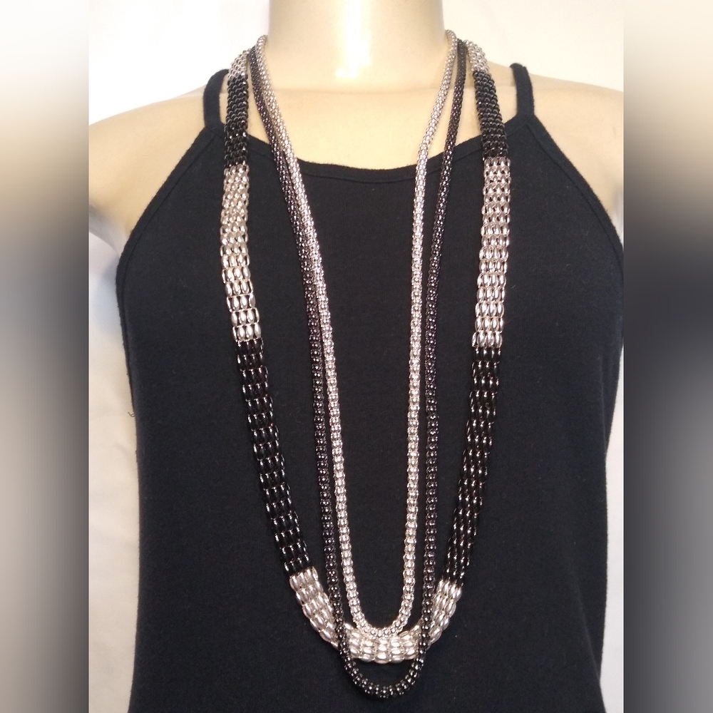 Black Smoke Silver Tone Basketweave Necklaces  Link Chain 17 1/2 Inch.